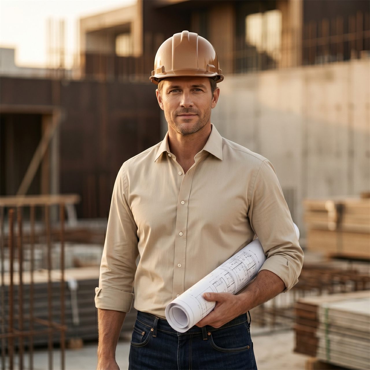 Engenheiro de obra com capacete e plantas em empreendimento em construção